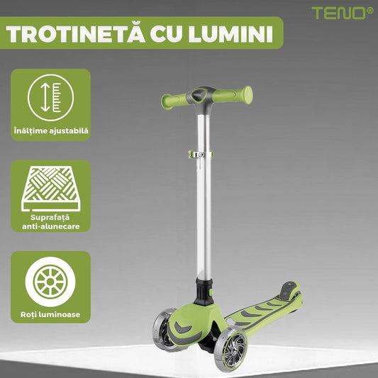 Trotineta pentru Copii cu Lumini Teno®, 3 roti, pliabila, anti-aluncare, inaltime ajustabila, stabila, frana, incorporata, 3-11 ani, verde