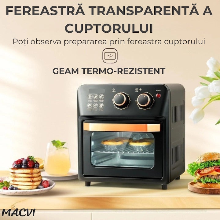 Friteuza cu Aer Cald Macvi®, Cuptor Electric cu Prajitor de Paine, Cuptor cu Convectie de 12L, Tehnologie de Circulatie a Aerului 360°