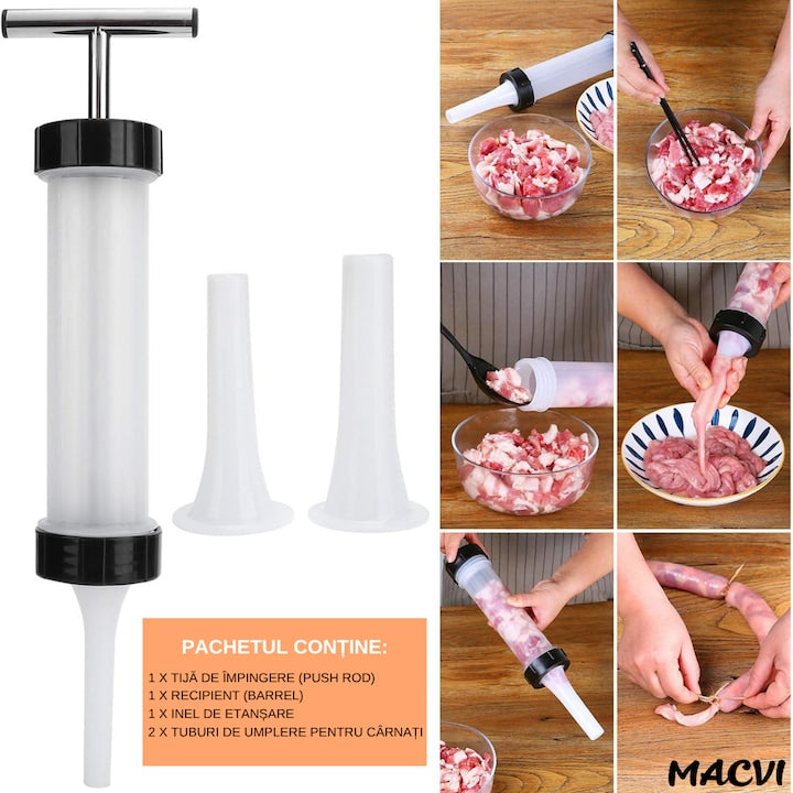 Aparat manual pentru umplut carnati, Macvi®, inox/plastic, 0.5 kg, 2 tuburi de umplere, alb