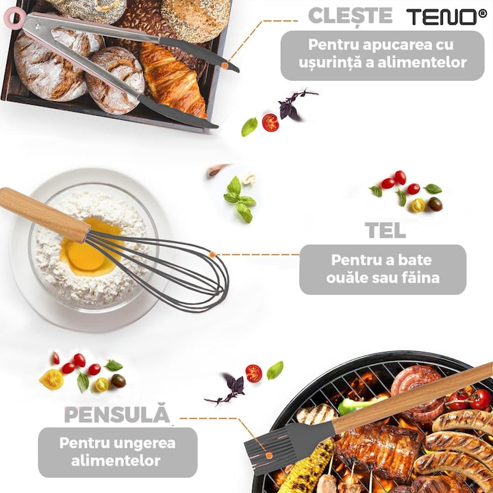 Set Ustensile Bucatarie 12 Piese Silicon Alimentar Teno®, termorezistente, antiaderente, sigure, suport inclus, gri