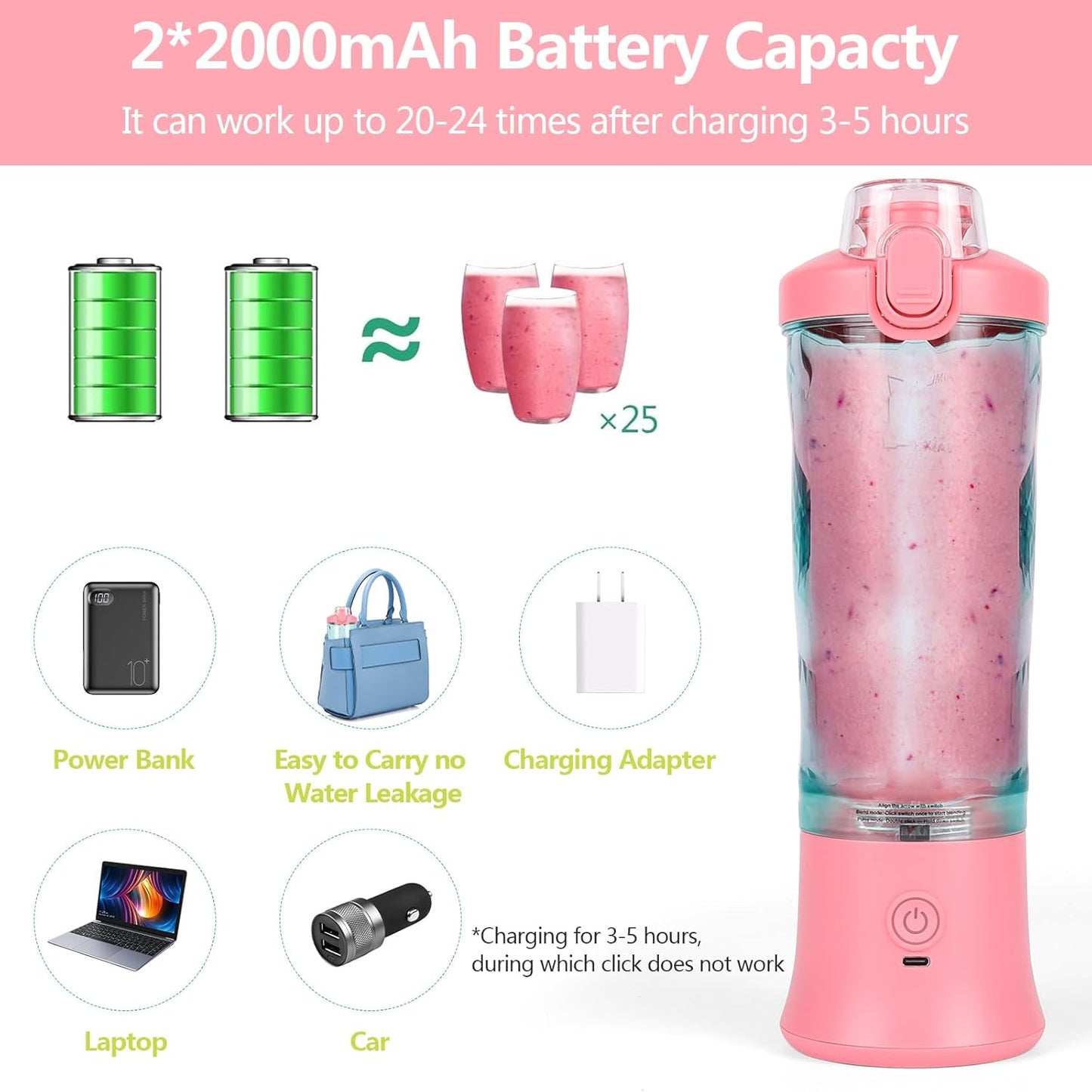 Blender Portabil Macvi® pentru Smoothie-uri 600 ml cu 6 Lame din Otel Inoxidabil, Baterie Reincarcabila 4000 mAh USB, Temporizator Automat 30 Secunde, Roz