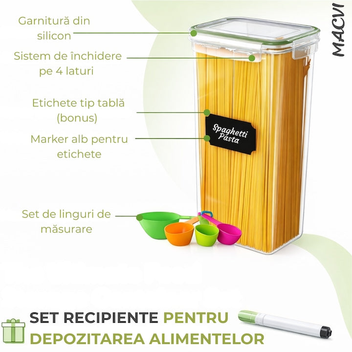 Set 24 organizatoare/recipiente Macvi® pentru depozitare alimentara, etanse, design minimalist, fara BPA, stocabile, cu etichete si lingurite incluse