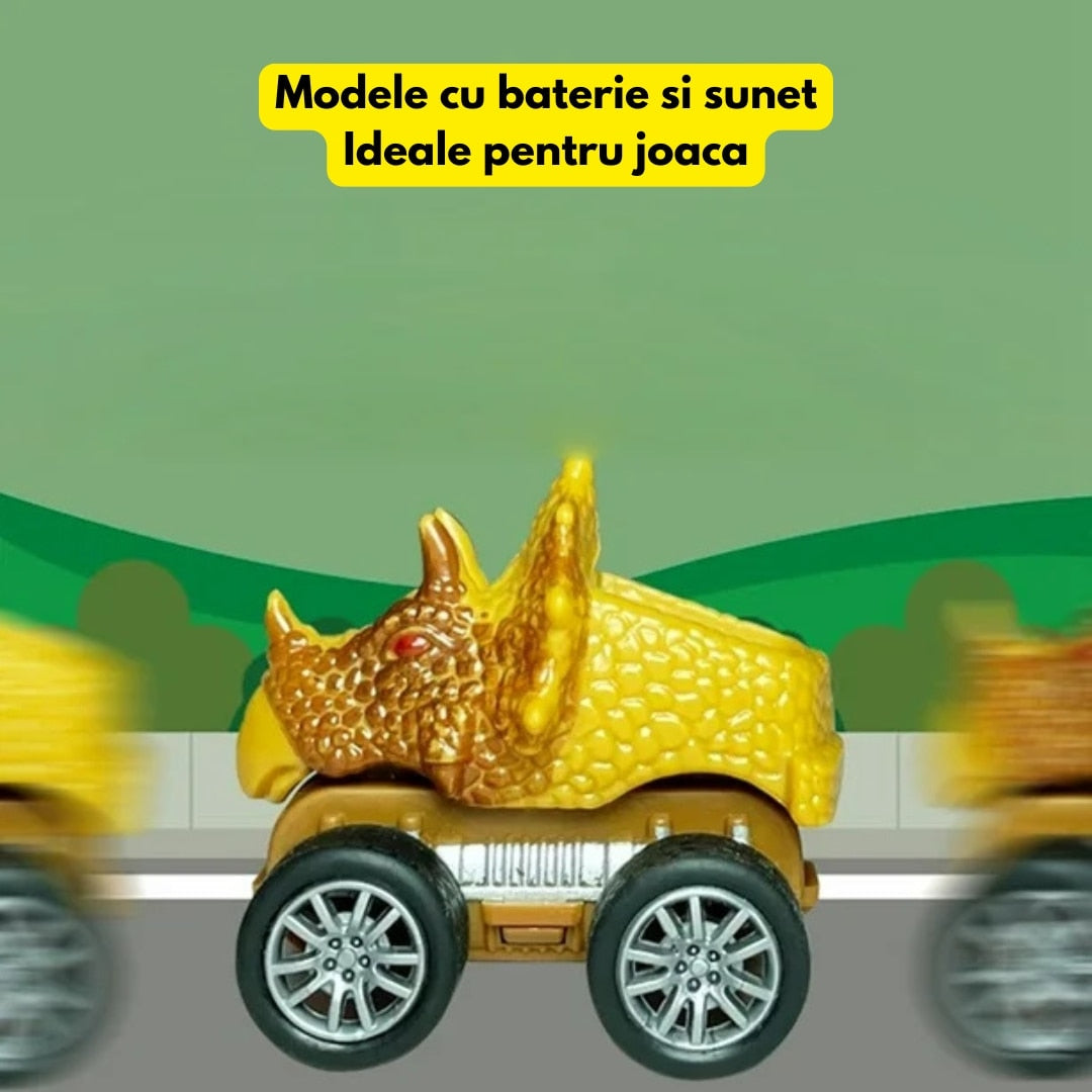 Camion Dinozaur Interactiv Macvi® cu Lumini si Sunete, 3 Vehicule Detasabile, Rampa de Lansare si Accesorii Preistorice, Jucarie Educativa pentru Copii 3+