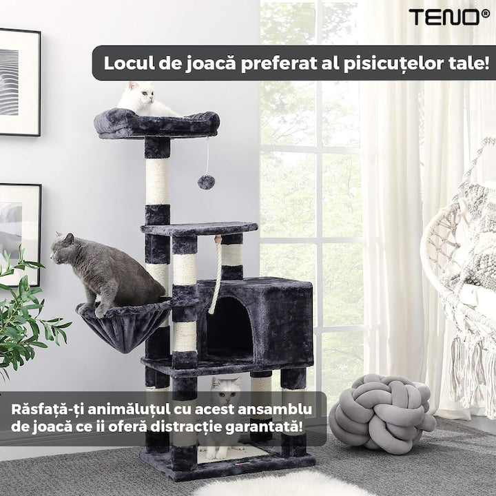 Ansamblu de Joaca pentru Pisici Teno®, tip turn, 2 platforme de observatie, 4 niveluri, 1 casuta, hamac, franghie si mingiuta de joaca, stalpi pentru zgariat, captuseala extra moale, structura stabila, 136 cm, gri inchis
