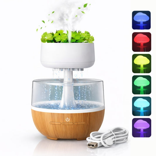 Umidificator decorativ cu efect de ploaie tip nor Macvi® cu LED 7 culori sunet ploaie si element vegetal artificial, 0.3L, Cablu USB
