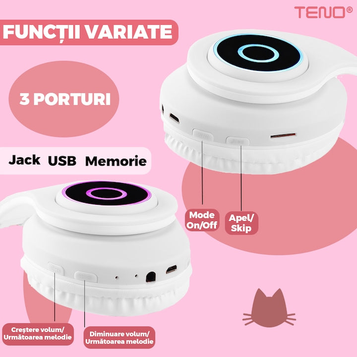 Casti Wireless Model Pisica Teno®, B39, overear, urechi de pisica cu iluminare RGB, bluetooth 5.0, handsfree, HiFi, bass stereo, alb