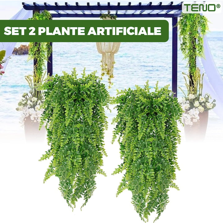 Set 2 Plante Artificiale Tip Iedera Teno®, ramuri agatatoare, aspect natural, rezistente la conditii meteo, frunze detasabile, interior/exterior, 85 cm, verde