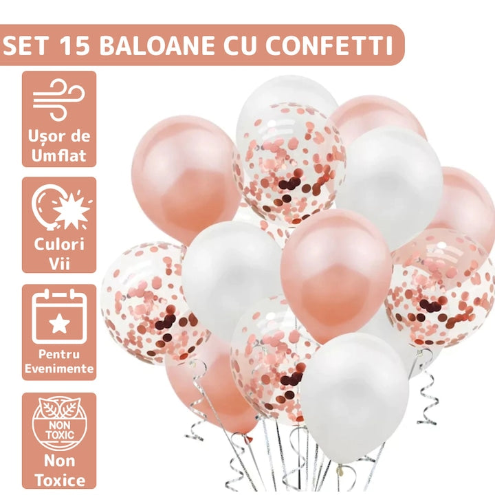 Set 15 Baloane Teno®, Confeti, pentru Petreceri/Aniversari/Evenimente, o singura dimensiune, 3 culori, latex, roz/alb/transparent