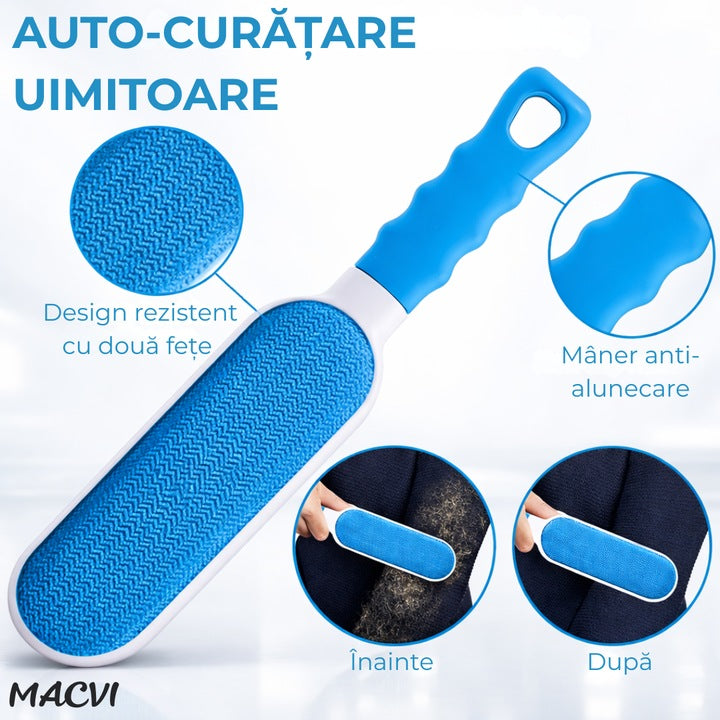 Set 2 Perii Speciale Macvi® pentru Indepartarea Parului de Animale de Pe Haine si Tapiterii, Sistem de Autocuratare, Perie de Dimensiuni Reduse Ideala pentru Calatorii, Alb/Albastru