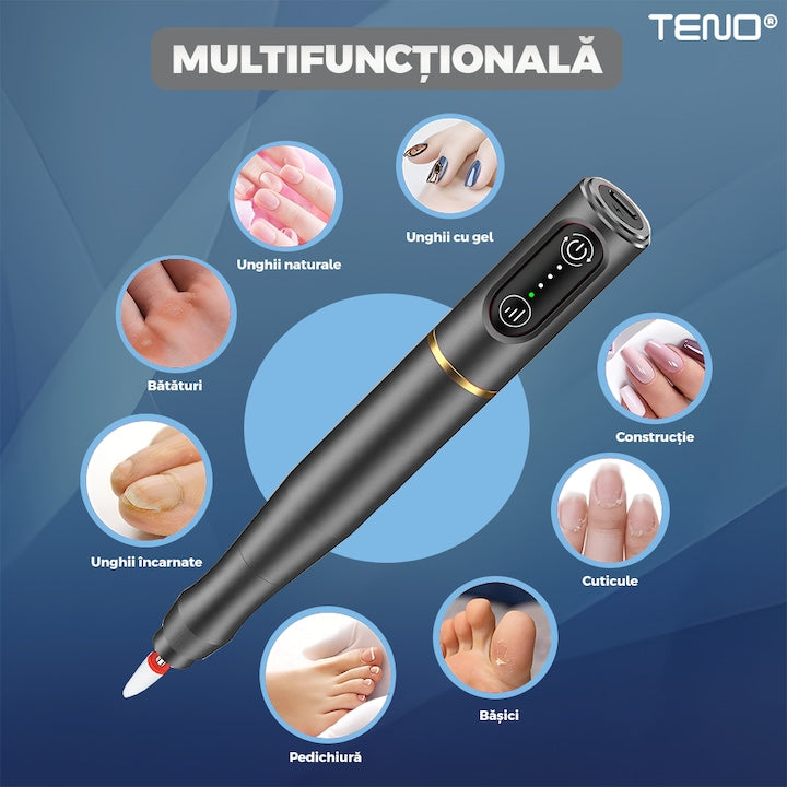 Pila Electrica Profesionala pentru Unghii Teno®, freza wireless, 20000 RPM, indicator LED, manichiura-pedichiura, 6 capete pentru pila, 60 benzi de slefurie, portabila, gri