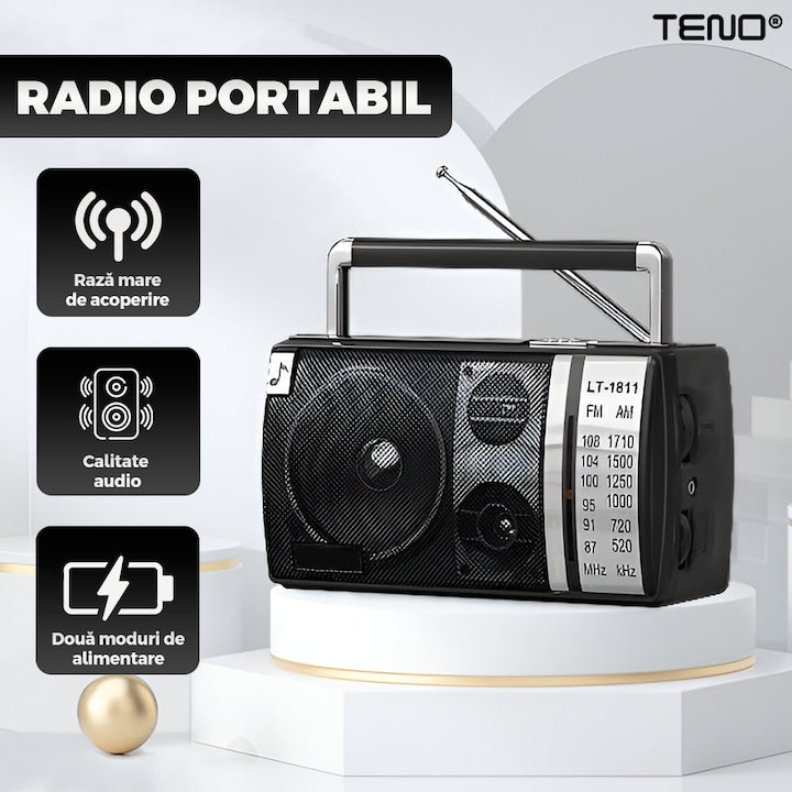 Radio Portabil Teno®, FM/AM, mod dual de alimentare, baterii/la priza, receptie ridicata ce prinde posturi regionale/la sate, port jack 3.5 mm, negru