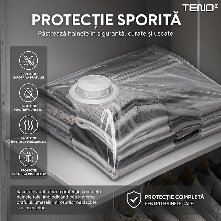 Sac de Vidat Teno®, pentru imbracaminte, pilote, perne, rezistent, valva tripla, materiale calitative, protectie waterproof, reutilizabil, vidare prin vacuum, 60 x 90 cm, alb