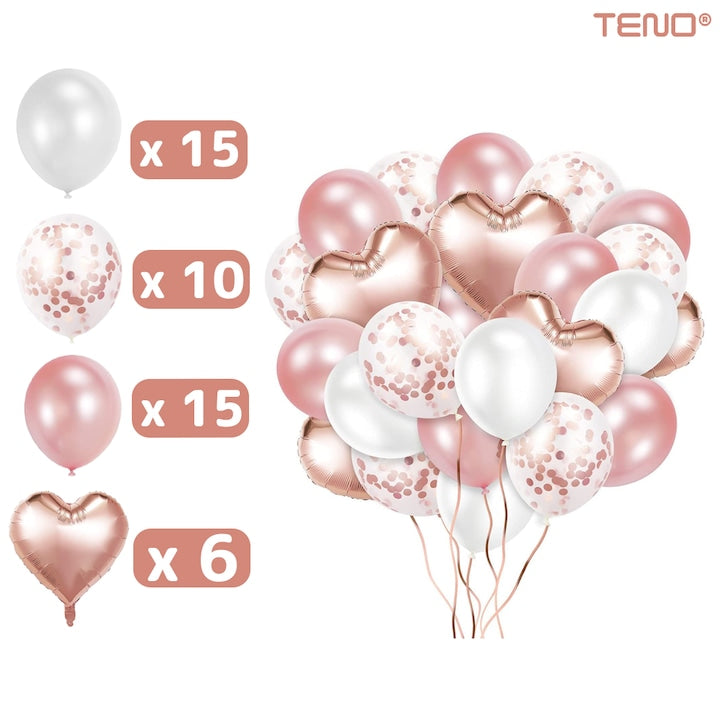 Set 48 Baloane Teno®, Confeti, Inimioara, pentru Petreceri/Aniversari/Evenimente, o singura dimensiune, 2 culori, latex, rose gold
