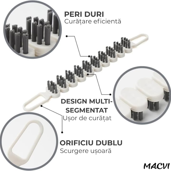 Perie de curatat pliabila Macvi®, alba, 26.5x2.8cm, durabila, cu gaura pentru agatat