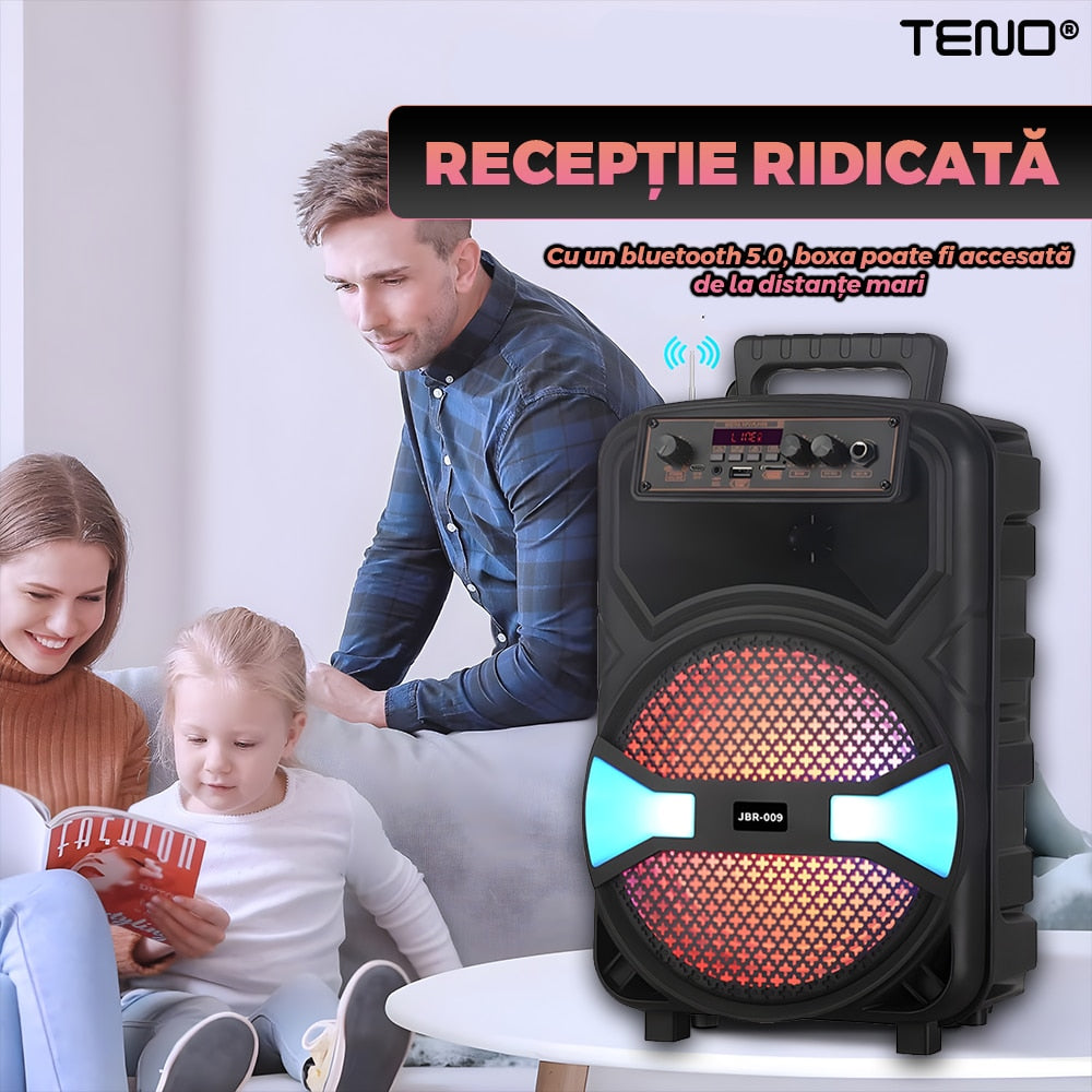 Boxa Portabila JBR009 Teno®, microfon inclus, telecomanda de control, lumini LED, panou de comanda, 6 moduri de conectare, autonomie ridcata, 1200W, negru