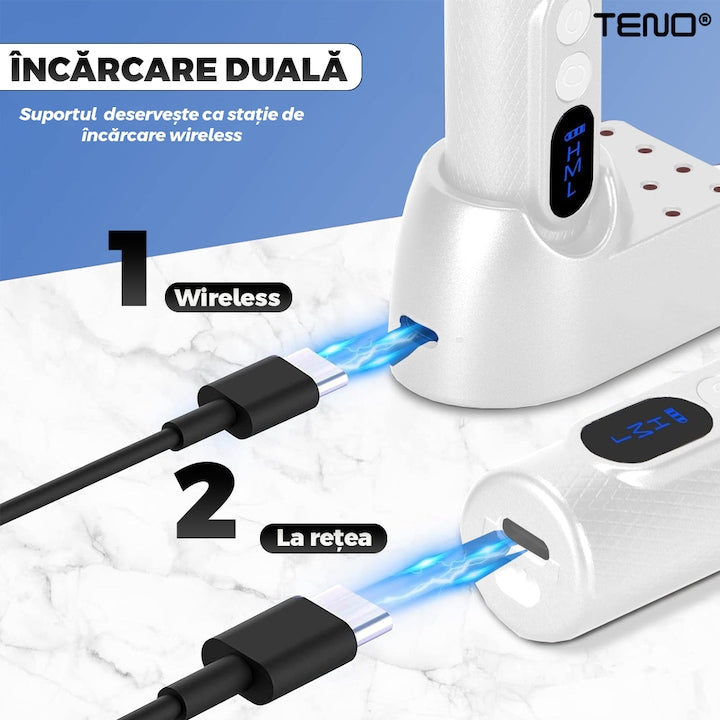 Pila Electrica Profesionala pentru Unghii Teno®, freza wireless, 18000 RPM, ecran LED, manichiura-pedichiura, 12 capete pentru pila, 36 benzi de slefurie, portabila, alba