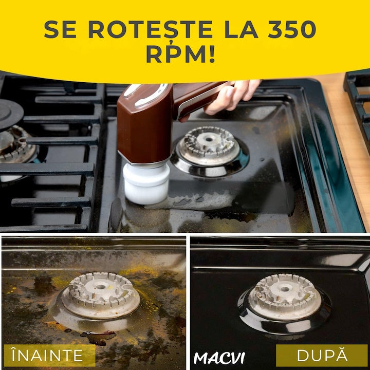 Perie electrica de curatare MACVI, fara fir, 350 RPM, set cu 5 capete interschimbabile, pentru bucatarie si baie