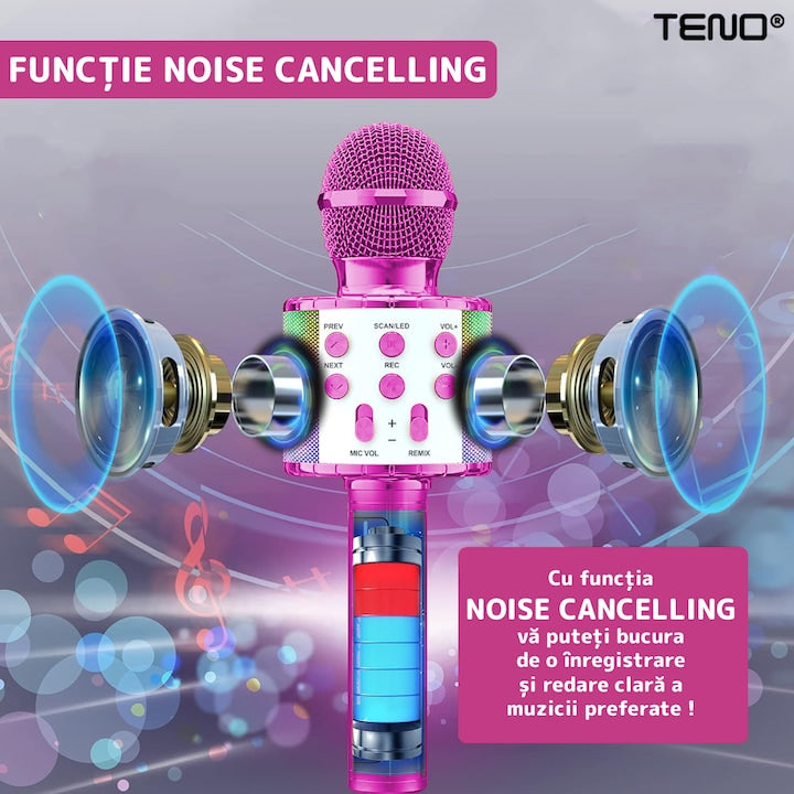 Microfon Karaoke Multifunctional pentru Copii, Teno®, boxa integrada, mod schimbare voce, stereo, slot card memorie/aux, lumini, roz
