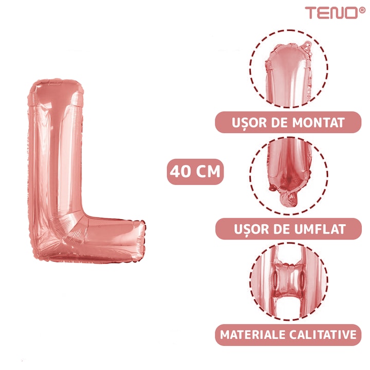 Balon in Forma de Litera L Teno®, metalizat, pentru Petreceri/Aniversari/Evenimente, rezistent, folie, rose gold, 40 cm