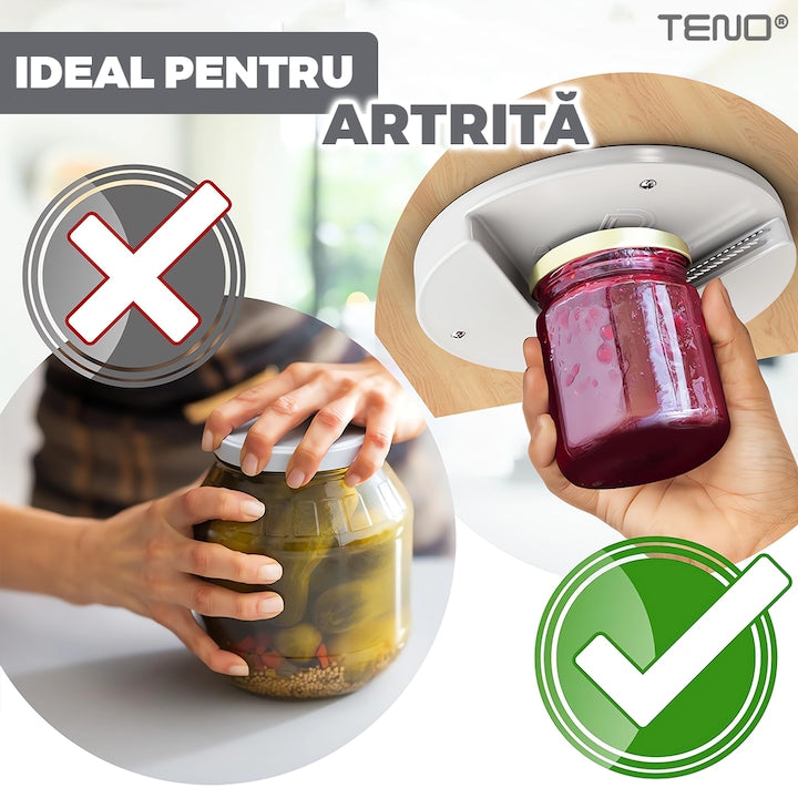 Desfacator Universal de Recipiente Teno®, pentru borcane/sticle/alte recipiente, zimti rezistenti, montare sub cabinet, ideal pentru persoanele cu atrtita, alb