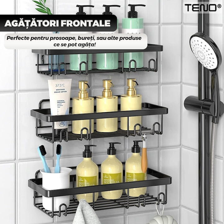 Set 2 Rafturi pentru Dus Teno®, depozitare si organizare, baie/bucatarie, otel inoxidabil, montare adeziva, rezistenta ridicata, cuiere incorporate, suporturi inalte, negru