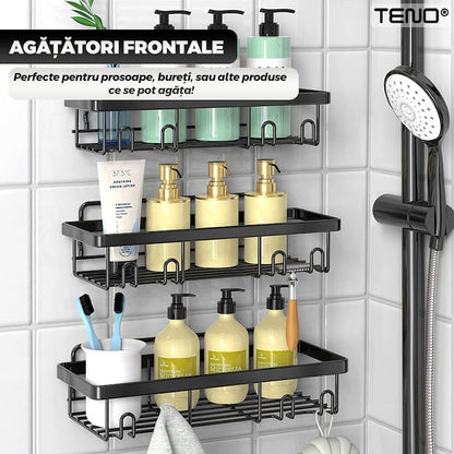 Set 2 Rafturi pentru Dus Teno®, depozitare si organizare, baie/bucatarie, otel inoxidabil, montare adeziva, rezistenta ridicata, cuiere incorporate, suporturi inalte, negru