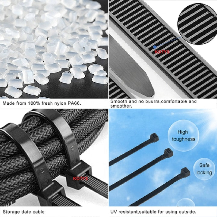 Set 100 coliere plastic Macvi®, soricei cablu, 4.8 x 300 mm, protectie UV, nylon rezistent, interior exterior, negre