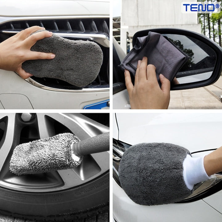 Kit pentru Curatare si Detailing Auto Teno®, interior/exterior, pamatuf, manusa, burete dublu, 3 lavete, 3 piese pentru lustruire, microfibra, gri