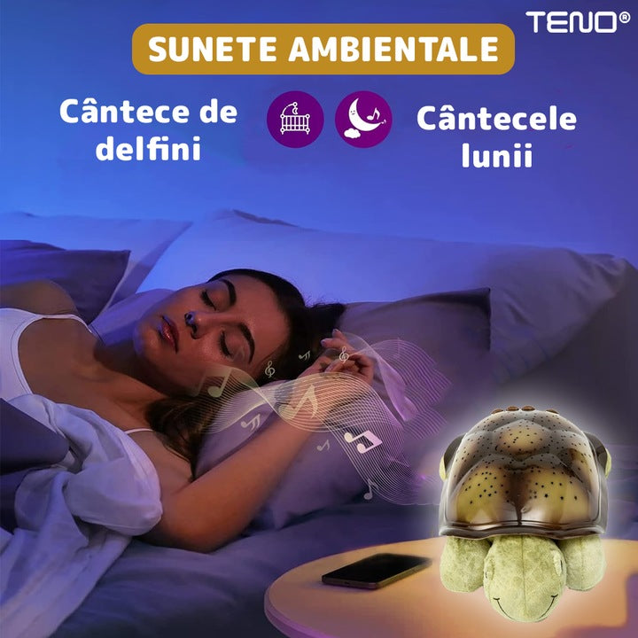 Lampa de Veghe Testoasa Teno®, proiector de lumini, 8 constelatii, lumina RBG, 2 cantece de adormit copiii, pufoasa si moale, mod inchidere automata, galben/verde