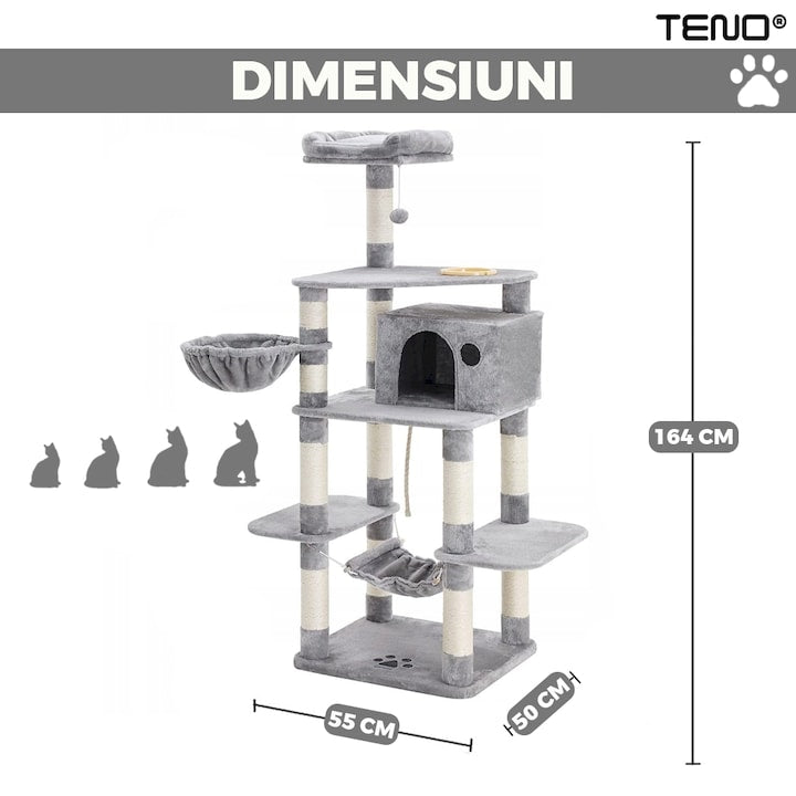 Ansamblu de Joaca pentru Pisici Teno®, tip turn,1 platforma de observatie, 4 niveluri, 1 casuta, scara, hamac, franghie si mingiuta de joaca, stalpi pentru zgariat, captuseala extra moale, structura stabila, 164 cm, gri deschis