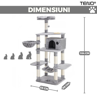 Ansamblu de Joaca pentru Pisici Teno®, tip turn,1 platforma de observatie, 4 niveluri, 1 casuta, scara, hamac, franghie si mingiuta de joaca, stalpi pentru zgariat, captuseala extra moale, structura stabila, 164 cm, gri deschis
