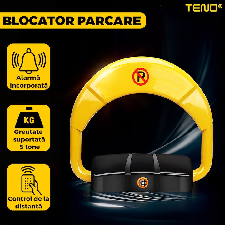 Blocator Parcare Automat Teno®, patrat, pentru loc parcare si alee, cu telecomanda si alarma, greutate suportata 5 tone, material rezistent, anti-rugina, alimentare cu acumulator, negru/galben