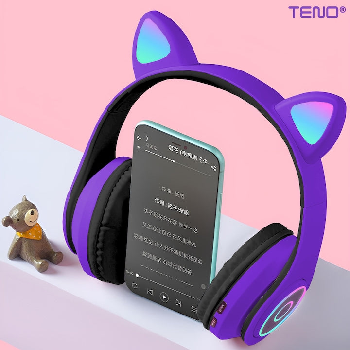 Casti Wireless Model Pisica Teno®, B39, overear, urechi de pisica cu iluminare RGB, bluetooth 5.0, handsfree, HiFi, bass stereo, mov/negru