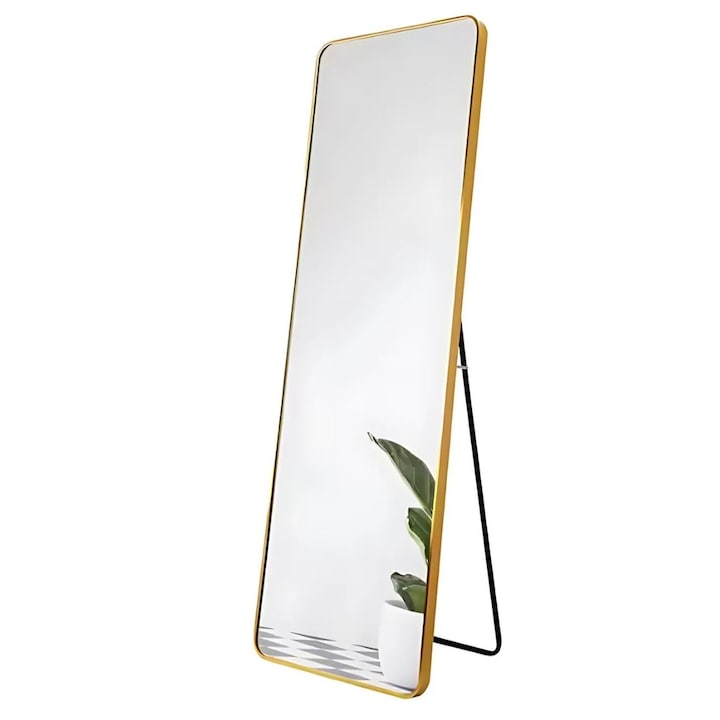 Oglinda de podea Macvi®, rama metalica gold, 150 x 40 cm, colturi rotunjite, eleganta, moderna, montare podea sau perete