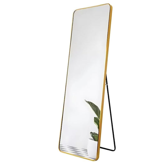 Oglinda de podea Macvi®, rama metalica gold, 150 x 40 cm, colturi rotunjite, eleganta, moderna, montare podea sau perete