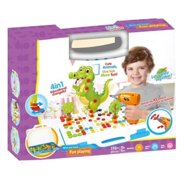 Jucarie Educativa si Interactiva 4in1 Teno®, 198 piese, bormasina pentru inginerie, pentru fete si baieti, manual inclus, puzzle 3D/2D, dezvoltare STEM, montessori, multicolor
