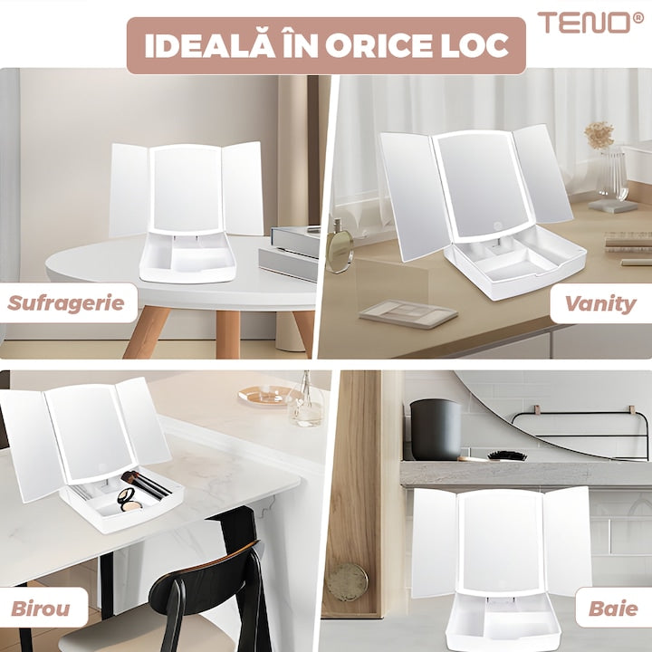 Oglinda Cosmetica Teno®, iluminare LED, pliabila, suport pentru machiaje, reincarcabila, usor de transportat, portabila, materiale calitative, alb