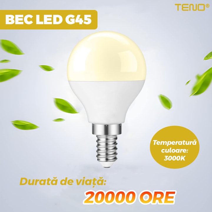 Bec LED E14 Teno®, forma sferica, durata de viata de 20.000 de ore, temperatura culoare 3000K, 7W, 480 lm, tensiune alimentare 220-240V, alb cald