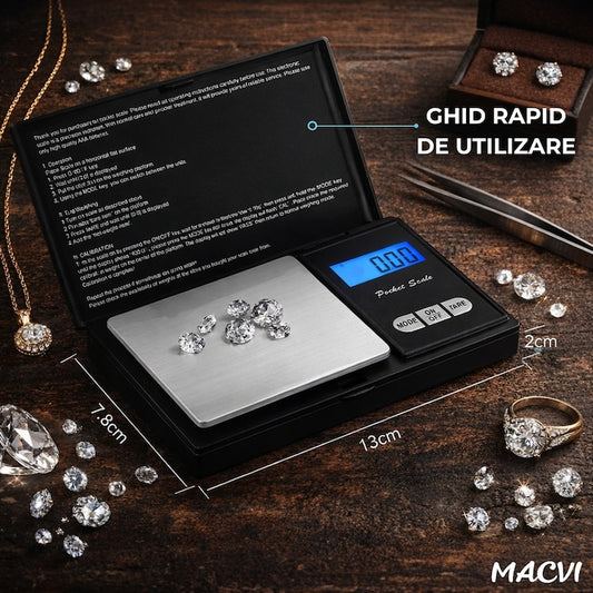 Cantar electronic pentru bijuterii Macvi®, Pocket, 300 g, Rezolutie 0,01 g, Negru