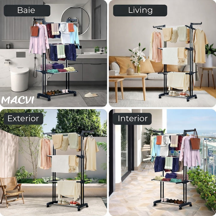 Uscator vertical pentru rufe Macvi®, cu 3 nivele de uscare, mobil si pliabil, suport umerase, negru