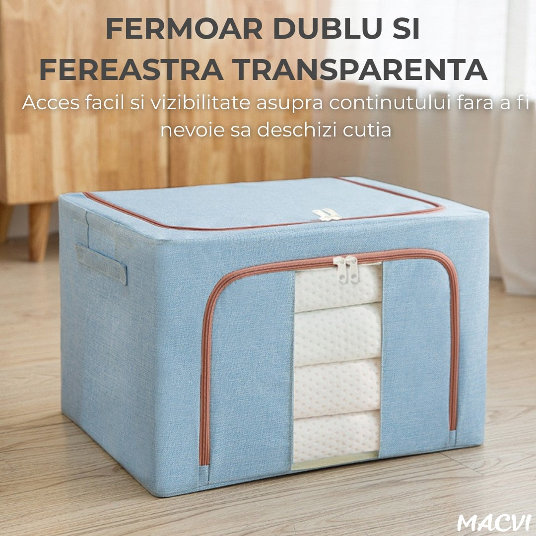 Organizator depozitare Macvi® 100 litri, cutie textila pliabila cu capac si fermoar, panou transparent pentru vizualizare si cadru metalic robust, ideala pentru haine voluminoase si depozitare