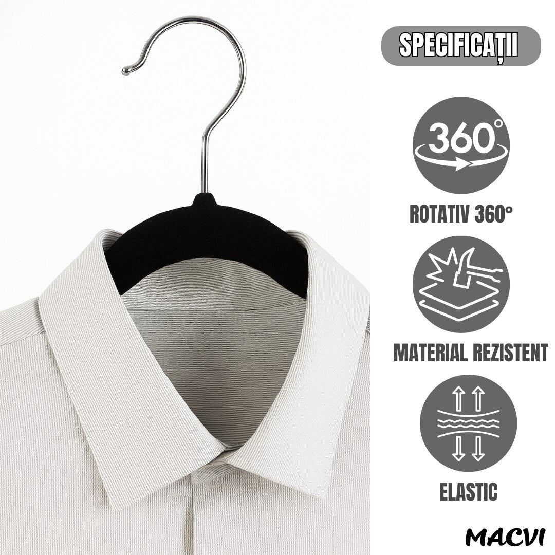 Set 16 Umerase Macvi® Catifea Antialunecare, Slim, cu Bara pentru Pantaloni si Scobituri, Carlig 360°, 44.5x23 cm, Gri/Negru