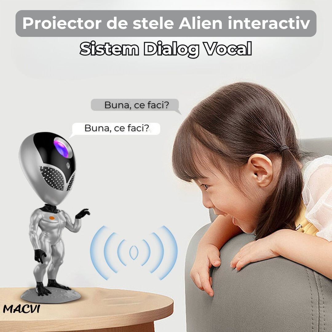 Proiector de Stele Macvi® Tip Alien, Galaxie Stelara, LED cu Telecomanda si Sistem Dialog Vocal, Argintiu