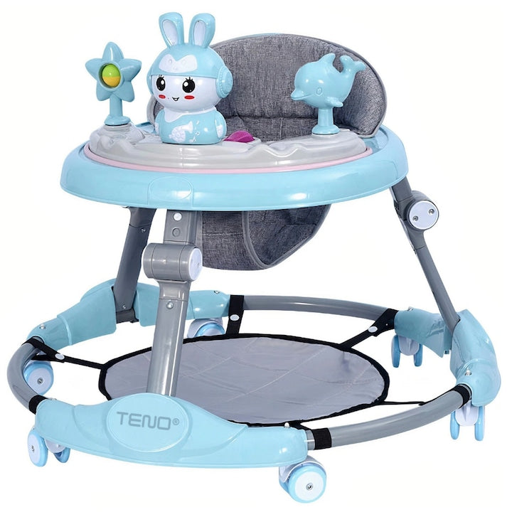 Premergator Multifunctional pentru Bebelusi Teno®, tava cu 3 jucarii, muzica, reglabil, pliabil, greutate max 20kg, 6-36 luni, albastru