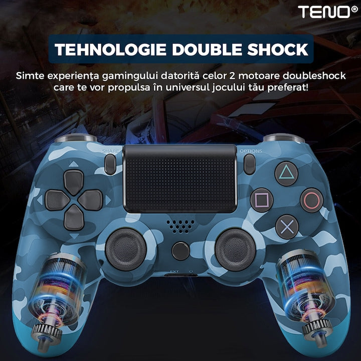 Controller Wireless DoubleShock Teno®, compatibil cu PS4, joystick-uri analog, vibratie dubla, baterie performanta, cammouflage blue