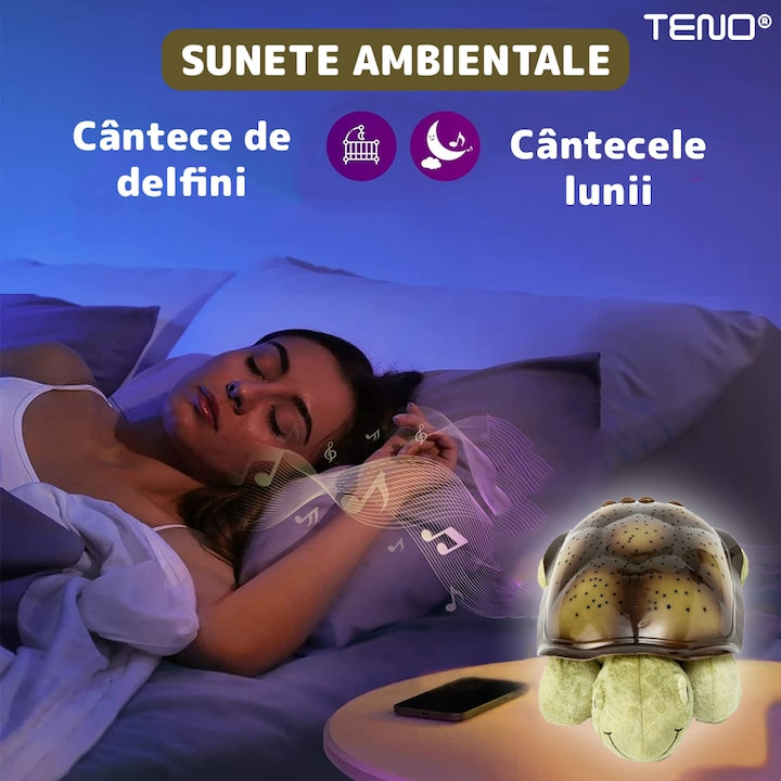 Lampa de Veghe Testoasa Teno®, proiector de lumini, 8 constelatii, lumina RBG, 2 cantece de adormit copiii, pufoasa si moale, mod inchidere automata, verde/maro