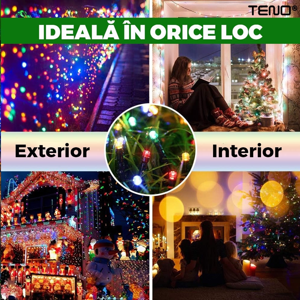 Instalatie de Craciun Liniara Teno®, 15 m, 8 jocuri de lumini, alimentare la priza, interior/exterior, rezistenta la apa, 200 LED-uri, multicolor