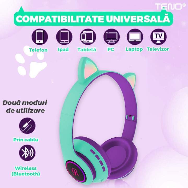 Casti Wireless Model Pisica Teno®, overear, urechi de pisica cu iluminare RGB, bluetooth 5.0, handsfree, HiFi, bass stereo, menta/mov