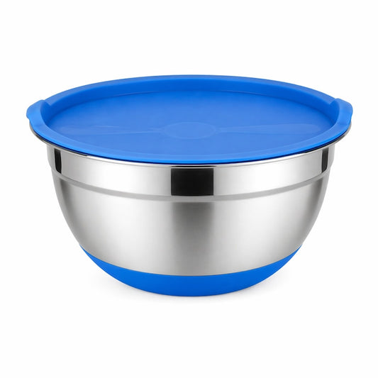 Castron Inox cu Capac si Baza Antiderapanta Macvi® 22 cm Bol Bucatarie, Otel Inoxidabil cu Capac Etans, Albastru