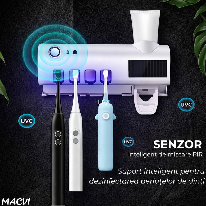 Suport si Dozator Macvi® pentru Periute si Pasta de Dinti cu Sterilizare Antibacteriana UV, Design Compact si Elegant